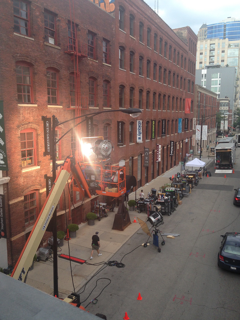 superior street chicago with movie crane